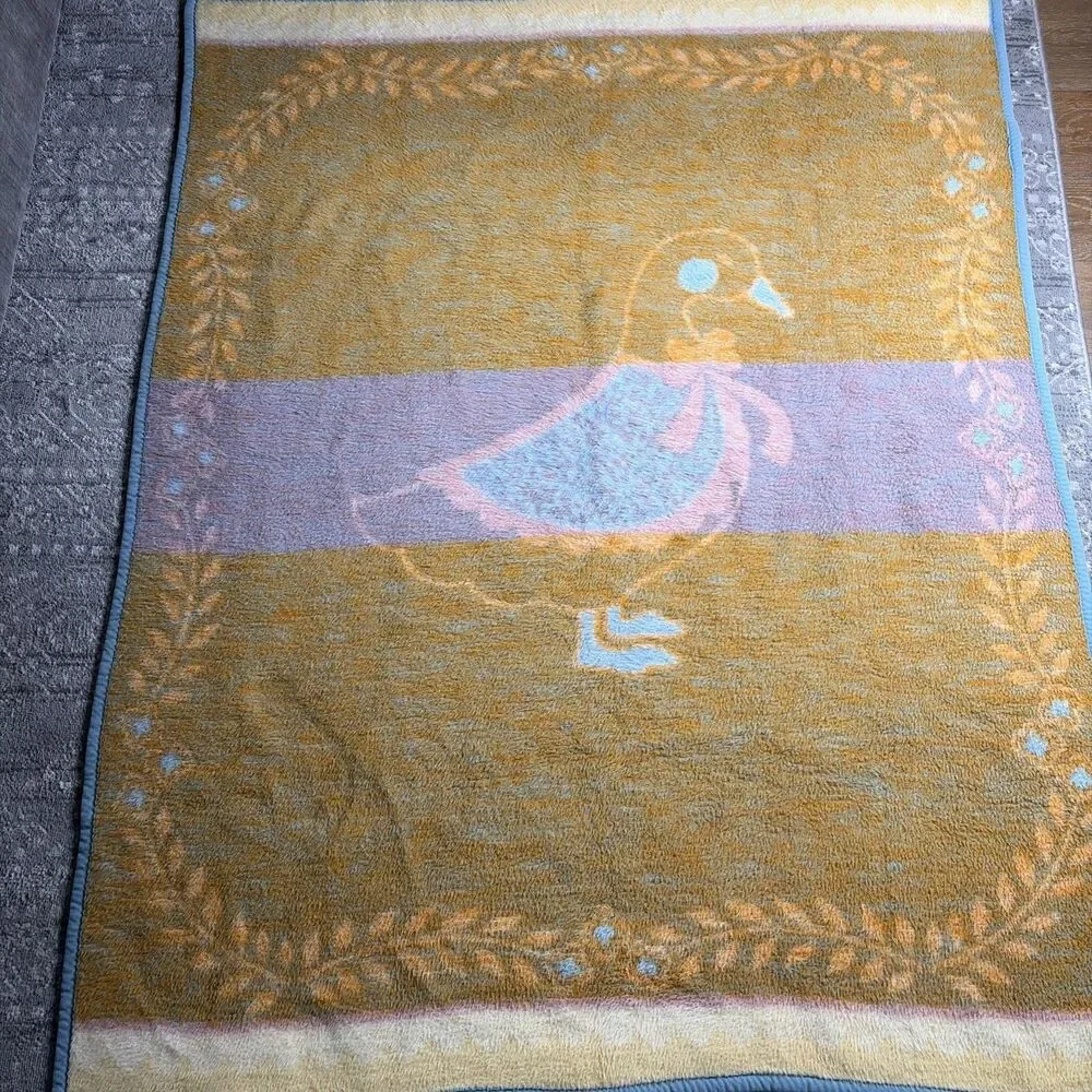 Vintage Biederlack Country Goose Blanket Blue White 70x55 USA Cottage Farmhouse